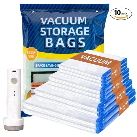 10 Pack Vacuum Storage Bags with Electric Pump, Space Saver Vacuum Seal Bags for Clothes, Comforters, Blankets, Bedding (2XL/2L/3M/3S)