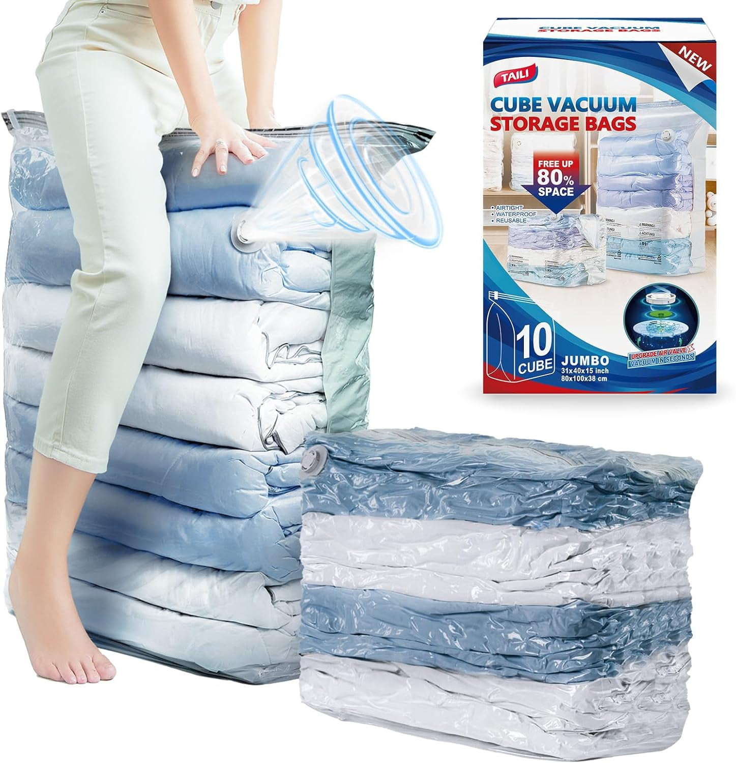 10 Pack Vacuum Storage Bags, Jumbo Cube Space Saver Bags (31x40x15 Inch), Extra Large Vacuum Sealer Bags for Comforters Blankets Bedding Clothing, Closet Organizer, Cream