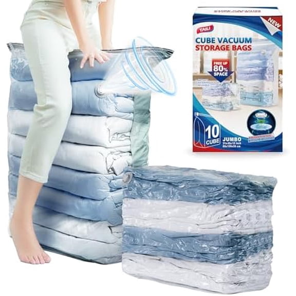 10 Pack Vacuum Storage Bags, Jumbo Cube Space Saver Bags (31x40x15 Inch), Extra Large Vacuum Sealer Bags for Comforters Blankets Bedding Clothing, Closet Organizer, Cream