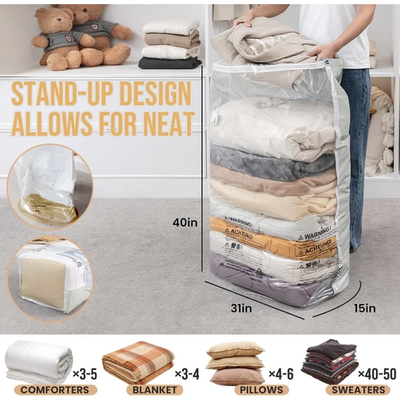 10 Pack Vacuum Storage Bags, Jumbo Cube Space Saver Bags (31x40x15 Inch), Extra Large Vacuum Sealer Bags for Comforters Blankets Bedding Clothing, Closet Organizer, Cream