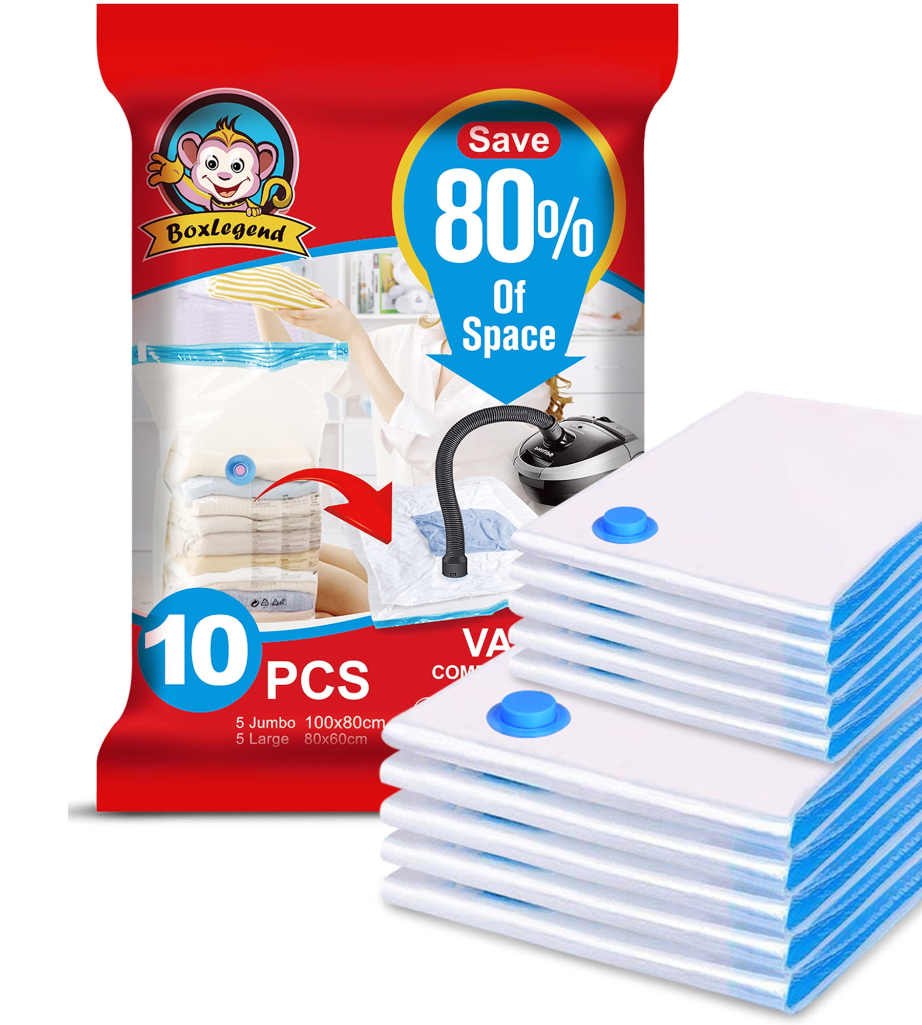 10 Pack Vacuum Storage Bags, Space Saver Bags (5Jumbo+5 Large), Instant