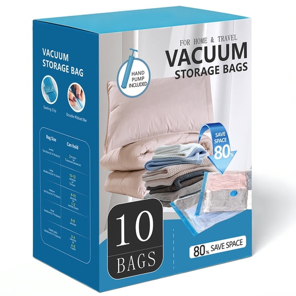 cisilov Vacuum Storage Bags for Clothes, 10 Pack Jumbo Space Saver Bags with Hand Pump for Comforters, Blankets, Bedding & Seasonal Wardrobe