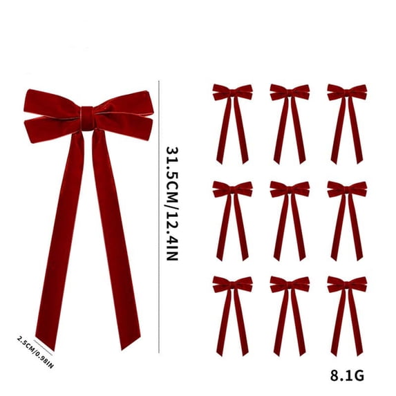 10 Pack Velvet Christmas Tree Bows, lazos de terciopelo para arbol de navidad, 12.4 inch, Pre-Tied Long Tail Velvet Ribbon Bows, Christmas Wreath Decorations, Gift Wrapping Bows and Garland Decor