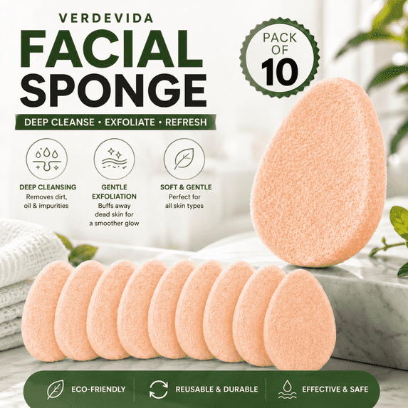 VerdeVida Exfoliating Face Sponge 10-Pack — Facial Scrub Pads, Makeup Remover & Deep Cleansing Pore Scrubber, Reusable, All Skin Types Including Sensitive, Collagen Boost Orange