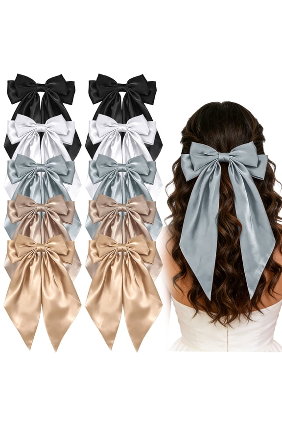10 Pack Vintage Hair Bows for Women & Girls - Long Tail Satin Hair Clips, Neutral Colors Hair Ribbon Accessories for Daily Wear & Special Occasions
