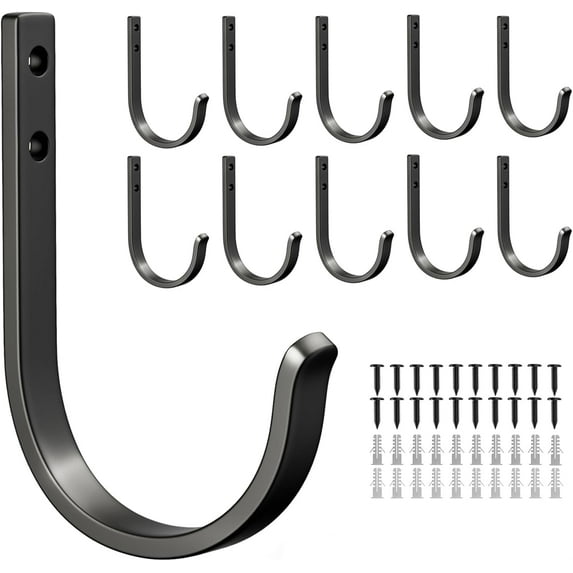 10-Pack Wall Hooks for Hanging Towel/Coat - 22LB Screw in Metal Hanger Wall Mount, for Outdoor, Closet, Door, Bathrooms, for Backpack, Robe, Black