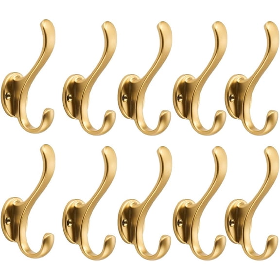 10 Pack Wall Mounted Coat Hooks, Heavy Duty Double Hooks, Brushed Gold, Rust Resistant Metal Hooks for Coats, Hats, Towels, Bags, Keys, Robes