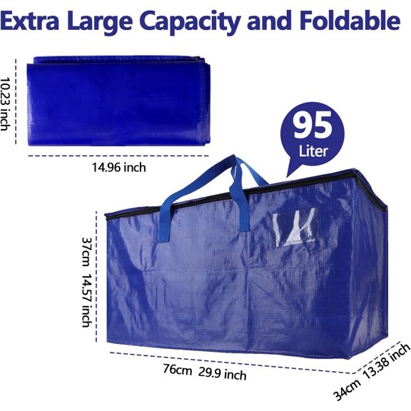 10 Pack Waterproof Moving Bags with Strong Zippers, 95L Heavy Duty Storage for Moving & Storage