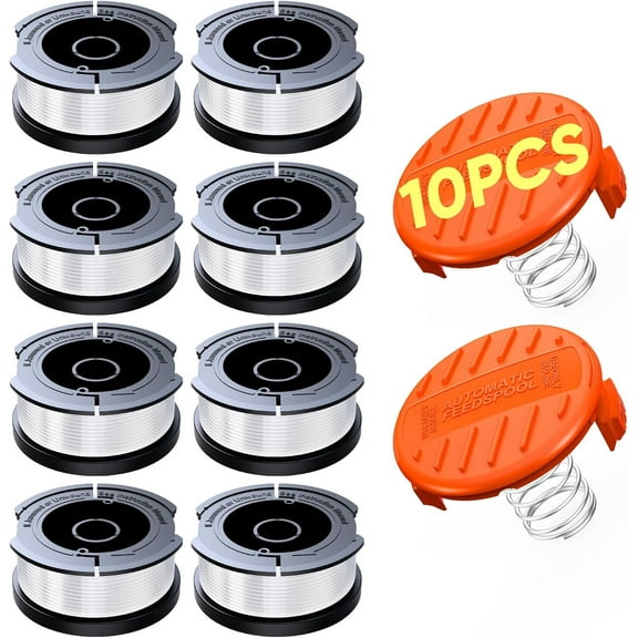10 Pack Weed Eater String Compatible with Black+Decker, AF-100 30ft 0.065" Weed Trimmer Line Auto Feed String Trimmer Replacement Spool Line for Black&Decker Lawn Mower (8 Spools, 2 Caps, 2 Springs)