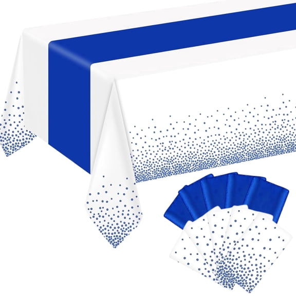 10 Pack White & Blue Confetti Dots Disposable Tablecloth Set, 54"x108" Covers for Wedding Birthday Graduation Weeding Party Decorations