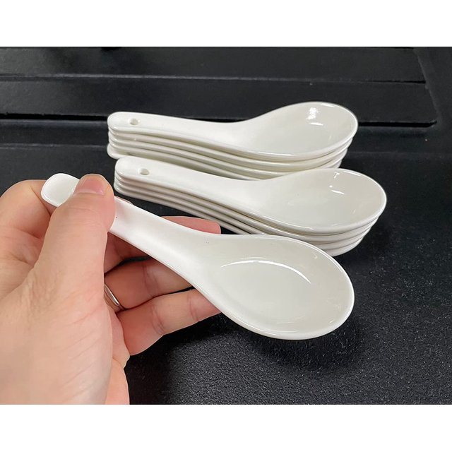 10 Pack White Ceramic Soup Spoons Perfect for Soup, Milk, Coffee