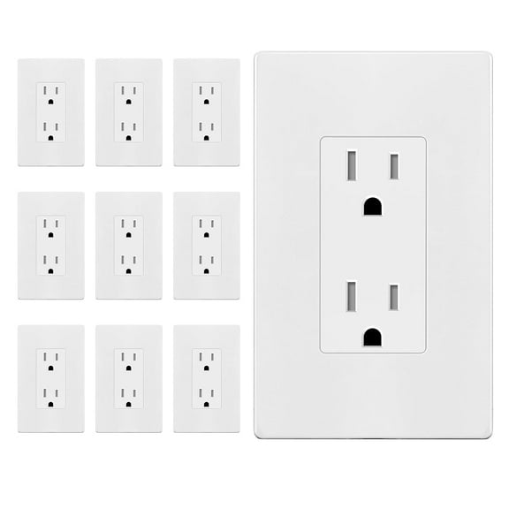 10 Pack White Decorator Recta with Screwless Wall Plate, Standard Electrical Wall Outlet, 15A 125V, Self-Grounding, 2-Pole, 3-Wire, 5-15R, UL Lted, 61502-TR-WSID, Tamper Restant