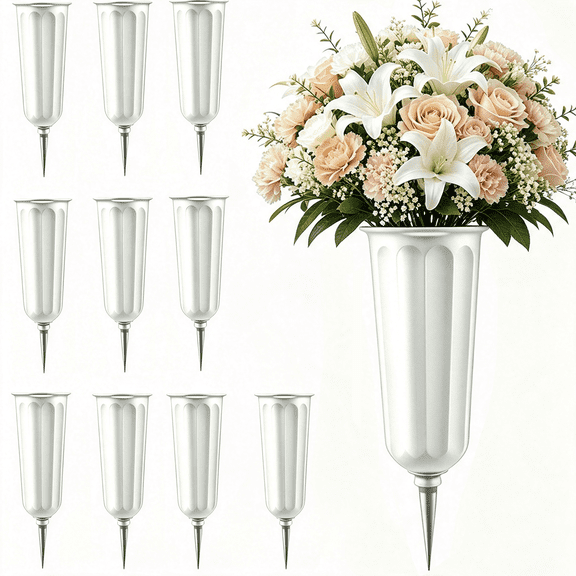 10 Pack White Memorial Floral Vases for Cemetery Decorations Fresh or Artificial Flowers Cemetery Vases with Spikes