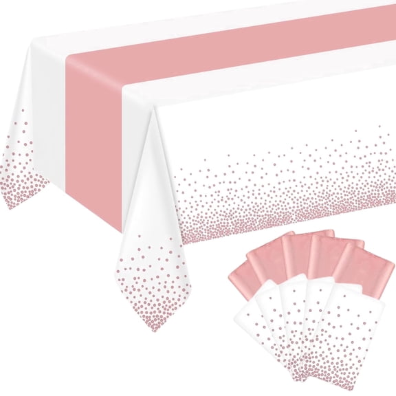 10 Pack White & Rose Gold Confetti Dots Disposable Tablecloth Set, 54"x108" Covers for Wedding Birthday Graduation Weeding Party Decorations