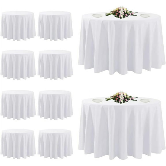 10 Pack White 120 Inch Round Tablecloths Polyester Stain Resistant Washable