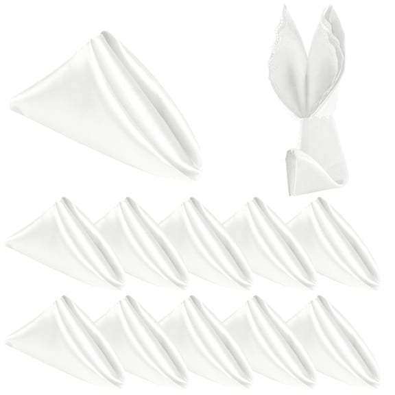 10 Pack White Satin Dinner Napkins 17x17 Inches, Scalloped Square Silky Elegant Wedding Decor, Smooth Table Cloth for Restaurant Banquet Graduation Party