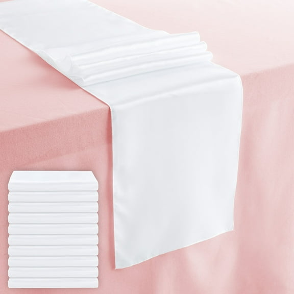 10-Pack White Satin Table Runners for Rectangular and Round Tables, Weddings, Baby Showers, Birthday Parties, Banquets, Events Decorations (White, 108.2x11.8 in)
