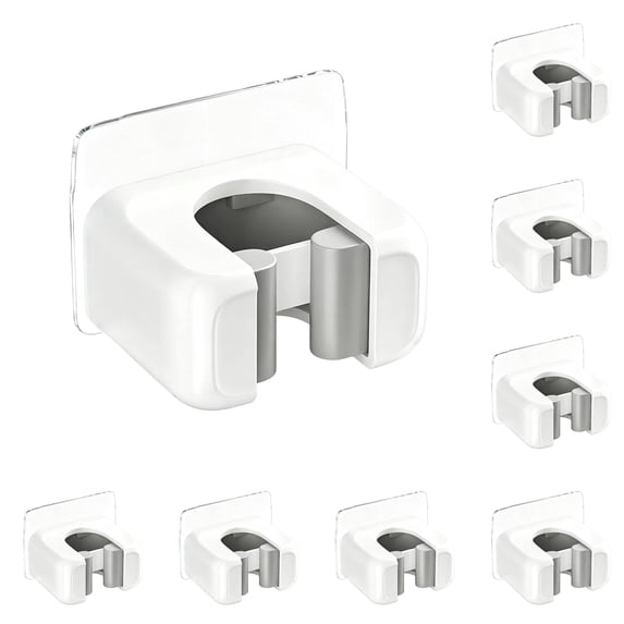 10 Pack White Self-Adhesive Wall Mount Broom and Mop Gripper Holders, No Drill Garage and Laundry Room Tool Organizer Racks with Auxiliary Hanging Hooks, 2.36×2.36×1.77 Inch