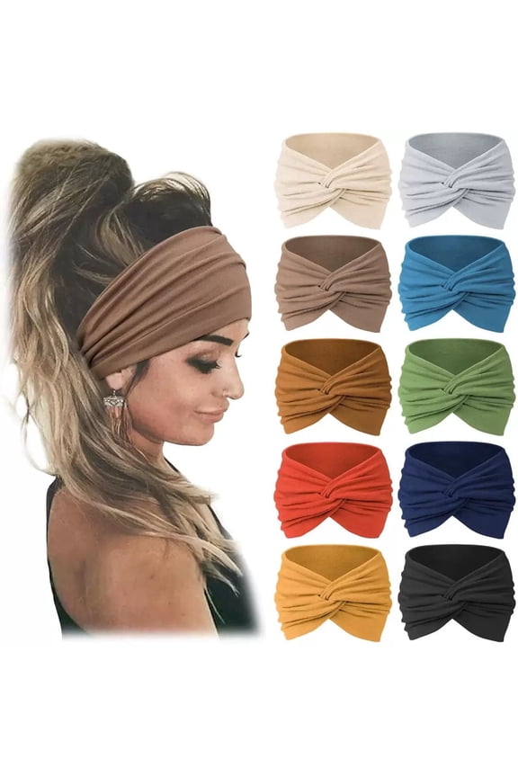 10 Pack Wide Headbands for Women, Soft Stretchy Knot Turban Headbands, Non-Slip Boho Hair Bands for Yoga, Workout, Makeup, Daily Wear, Multicolor