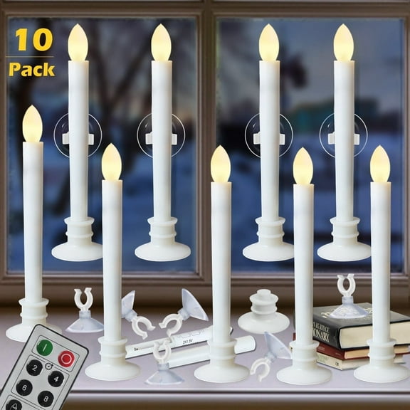 10 Pack Window Candles, Remote Controlled,White Holders,LED Flickering,Timer,Suction Cups Flameless for Christmas Decorations