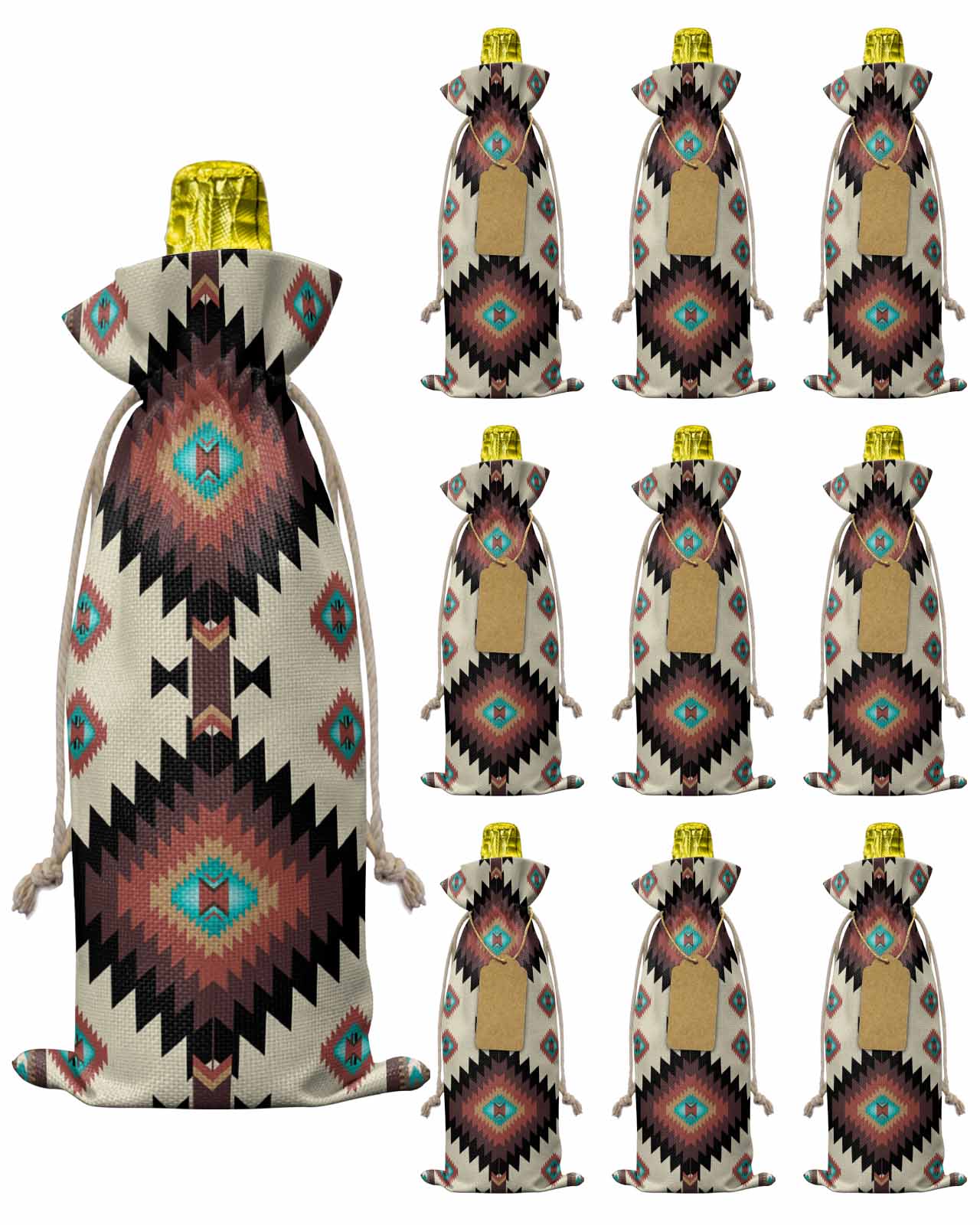 10 Pack Wine Bottle Bags, Brown Teal Southwest Wine Bottle Cover with