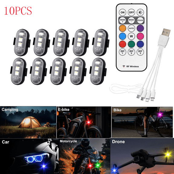 10 Pack Wireless LED Strobe Lights with Remote Control, USB Rechargeable Drone Lights, Multi-Color Safety Warning Lamps for Cars, Motorcycles, Hiking, Camping, Outdoor Activities