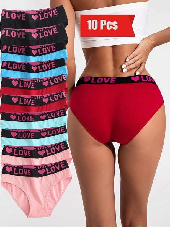 10 Pack Women's Heart Print Brief Underwear, Comfortable Breathable Wide Waistband Panties, Soft Stretchy Full Coverage Briefs in Assorted Colors (Pink Black Blue Red) - Everyday Casual Wear