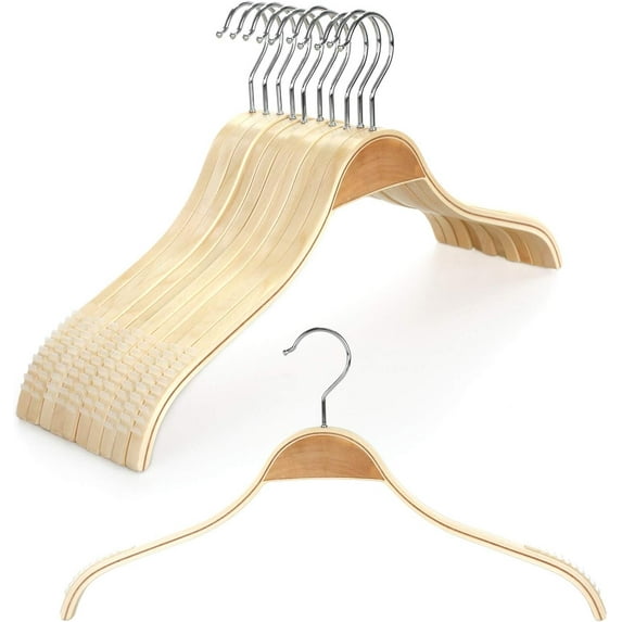 10 Pack Wood Clothes Hangers, Slim Coat Hanger with Non-Slip Rubber Grips, Saving Space Hangers for Shirt Sweater Camisole Jacket Dress Coat
