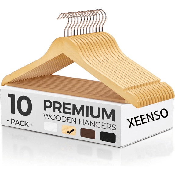 XEENSO 10 Pack Wooden Hangers Suit Hangers Premium Natural Finish Home Coat Hangers