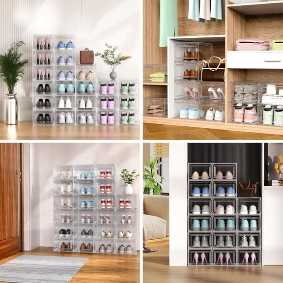 10 Pack XX Large Thicken Sturdy Hard Plastic Clear Stackable Shoe Storage Boxes for Size 12, Sneaker Shoe Rack Containers Holders Bins Display Case Organizer for Closet, White