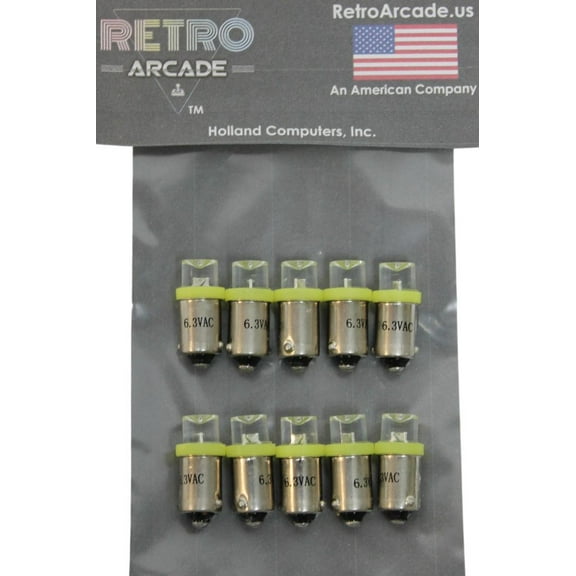 10 Pack, Yellow Pinball 6.3 Volt AC LED Round Replacement Bulbs 44/47 Bayonet Base BA9S, Concave Top