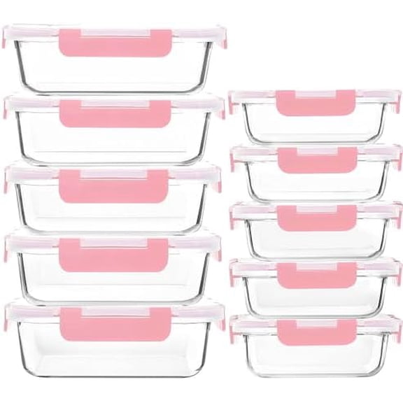 [10-Pack eal Prep Containers with Snap Locking Lids, Glass Airtight Lunch, Food Storage Containers, icrowave, Oven, Freezer and Dishwasher Friendly, Pink
