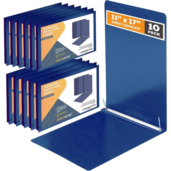 10 Pack of 11”x17” Landscape Pressboard Presentation Binder Folder, Blue Fiberboard Report Cover with Metal Prong Paper Fastener