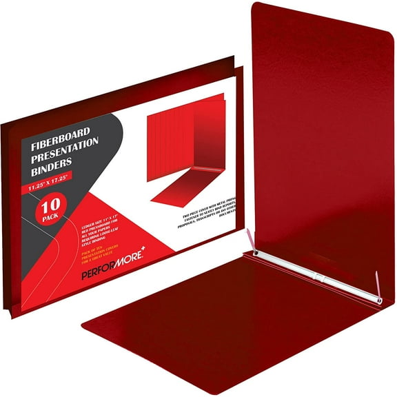 10 Pack of 11”x17” Landscape Pressboard Presentation Binder Folder, Red Fiberboard Report Cover with Metal Prong Paper Fastener