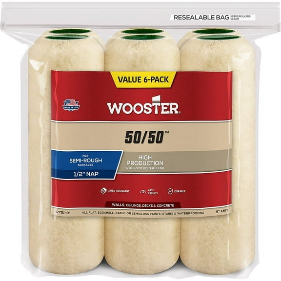 10 Pack of 9″ x 1/2″ Nap Wooster R751 50/50 Lambswool & Polyester Roller Cover, 6-Pack