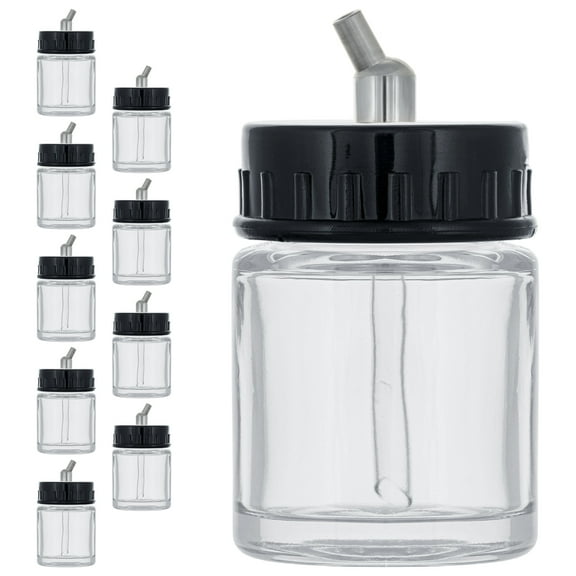 Master Airbrush (Pack of 10) TB-002 Empty 3/4oz (22cc) Glass Jar Bottles with 30 Down Angle Adaptor Lid Assembly - Fits Dual-Action Siphon Feed Airbrushes, Use with Master, Badger, Paasche, Iwata