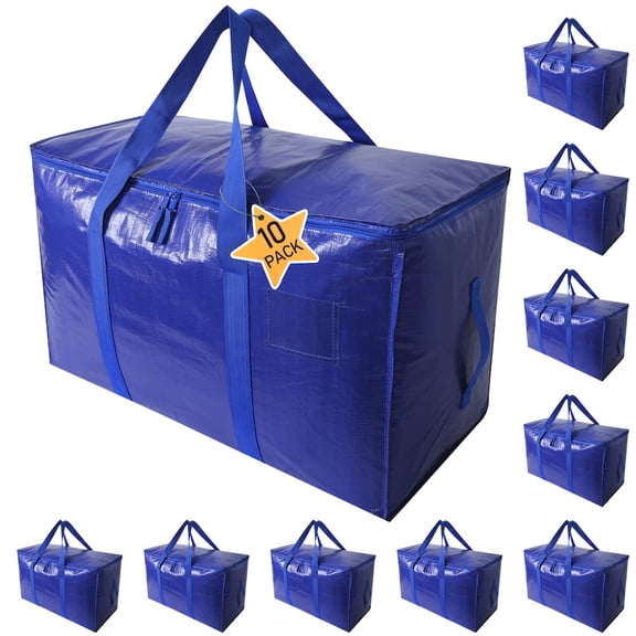 10-Package-Blue Extra Large Heavy Duty Moving Storage Totes With Zippers And Handles