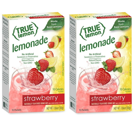(10 Packets) True Lemon Strawberry Lemonade Stevia Sweetened, On-The-Go, Caffeine Free Powdered Drink Mix, Pack of 2