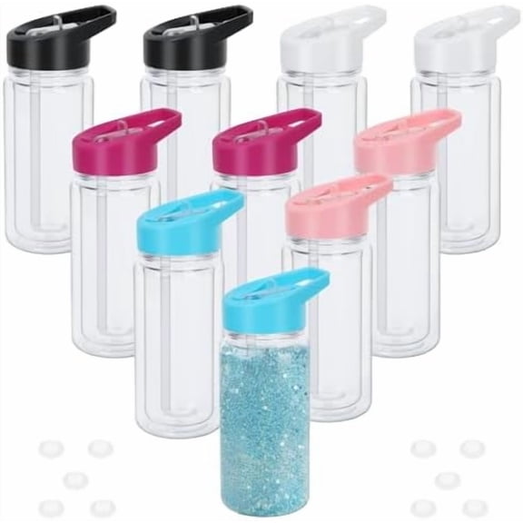 10 Packs 10 Oz Plastic Snow Globe Tumbler with Pre-Drilled Hole and Plug Double Wall Snow Globe Tumbler Leak Proof Sports Water Snowglobe Cup with Portable Handle Reusable DIY Personalized Gift