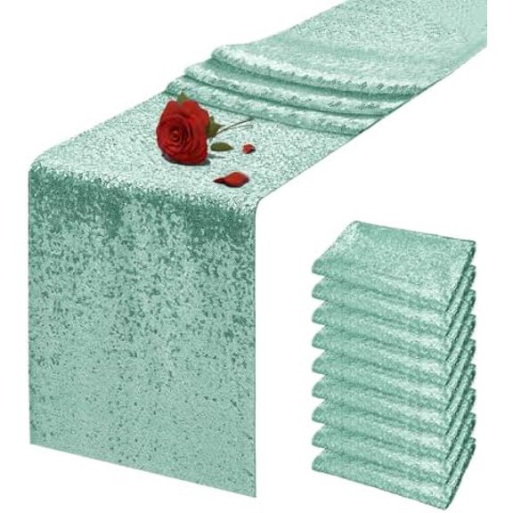 10 Packs 12 x 72 inches Mint Green Sequin Table Runner, Glitter Runner for Birthday Party Supplies Wedding Holiday Celebration Baby Shower Engagement Anniversary Decor