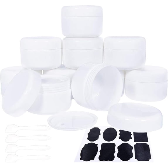 10 Packs 3.4oz Plastic Cosmetic Jars with Inner Liner and Dome Lids Spoons and Labels for Cream Scrub Lip Balm Lotion Storage