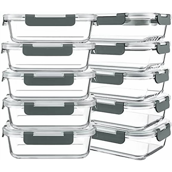 10-Pack 30 oz Glass Meal Prep Containers with Lids, Airtight Bento Lunch Boxes for Microwave, Freezer, and Dishwasher Safe Food Storage, Gray