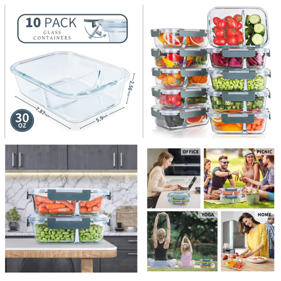 10 Packs 30oz Glass Meal Prep Containers 2 Compartments,Glass Food Storage Containers with Lids,Airtight Lunch Bento Boxes,Microwave,Oven,Freezer and Dishwasher Safe