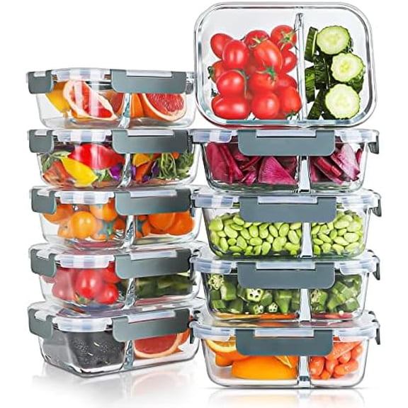10 Packs 30oz Glass Meal Prep Containers 2 Compartments,Glass Food Storage Containers with Lids,Airtight Lunch Bento Boxes,Microwave,Oven,Freezer and Dishwasher Safe