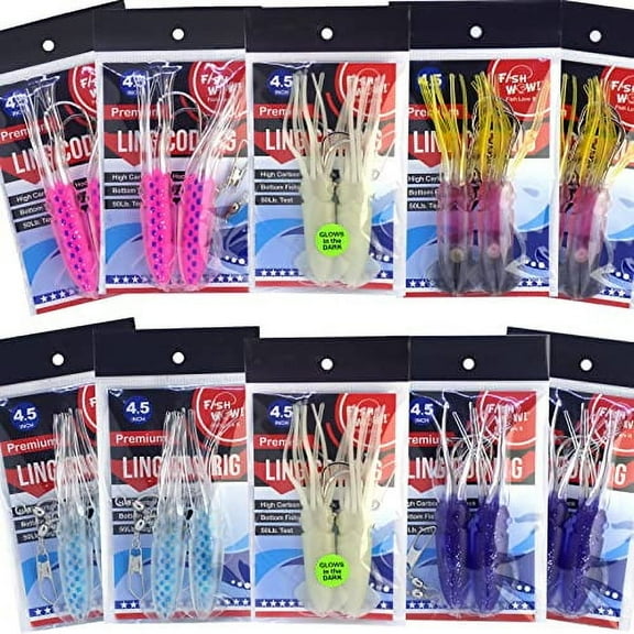 Packs 4.5" Fishing Ling Cod Rig Twin Bulb Squids Rockfish Lingcod Soft Lure 5 Colors Blue 10, Pink, Purple, Red/Black, Glow
