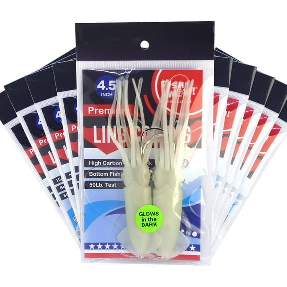10 Packs - 4.5" Fishing Ling Cod Rig Twin Bulb Squids Rockfish lingcod Soft Lure - Glow in The Dark