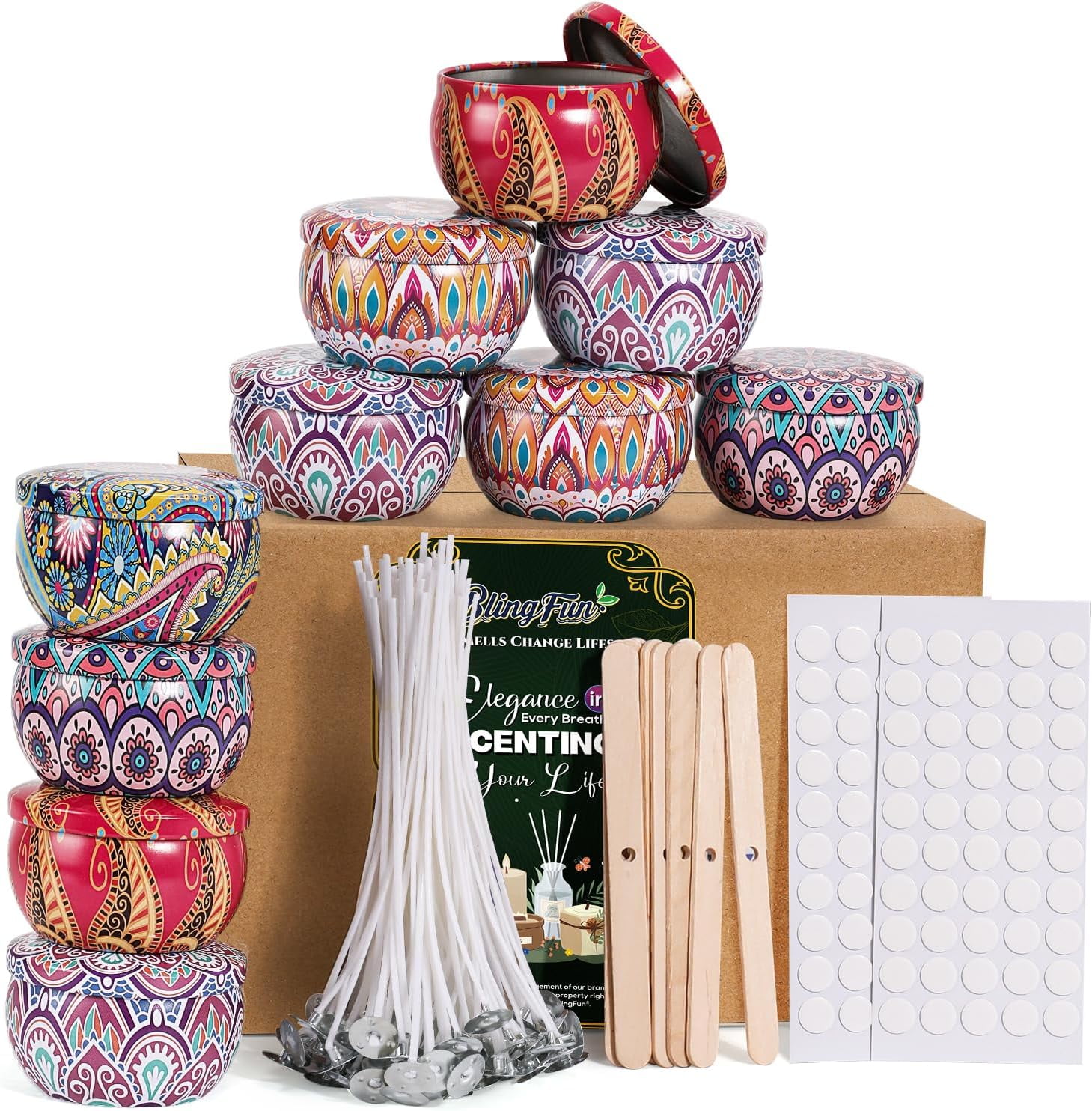 10 Packs 4 oz Candle Tins kit Making Tins Jars 100pcs Wicks Wick Stickers Containers for Candles (Flowers)