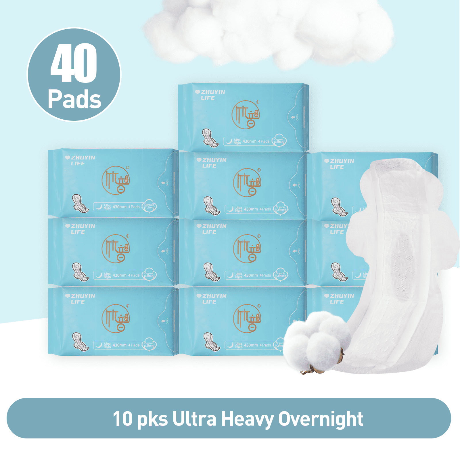 10 Packs/40 Counts Zhuyin Ultra Long Night Pads, Organic Cotton Super Absorbency with Wings for 430mm Night Pads, Unscented, for Extremely Heavy Flow Feminine Pads Bundle