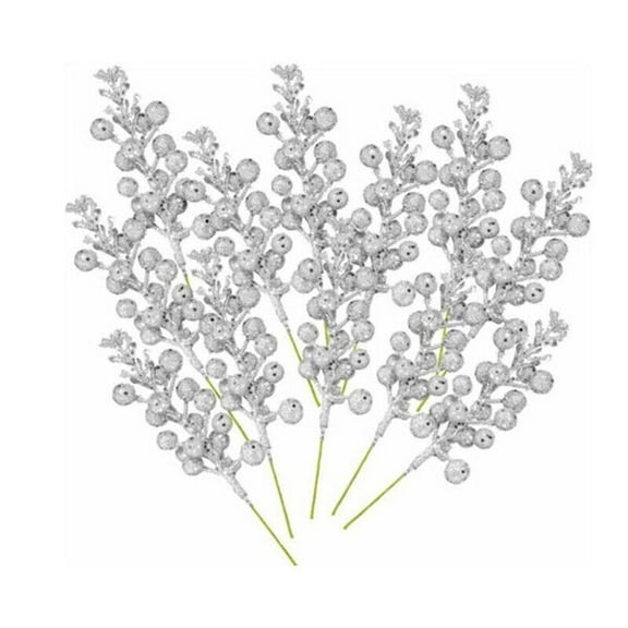 10 Packs Artificial Christmas Glitter Berries Stems Xmas Tree Wreath DIY Decor-Silver