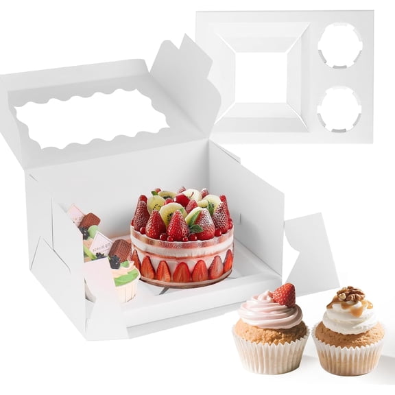 10 Packs Bento Cake and Cupcake Box 3 Holes Fit 2 Cupcakes and 1 Mini Cake Box with Clear Window and Stickers for Cake Cupcake Cookie or Valentine'Day MotherDay. (1+2/10pcs)